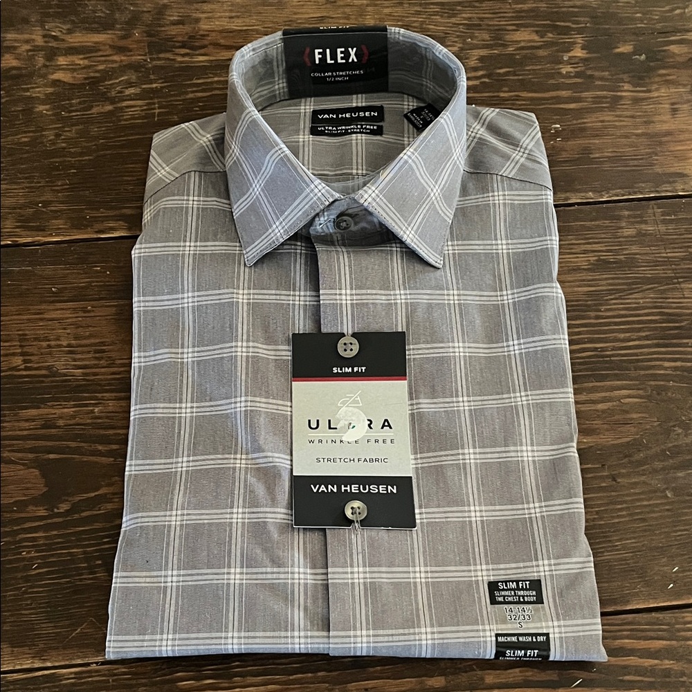 Van Heusen Gray Plaid Casual Button Down Shirt